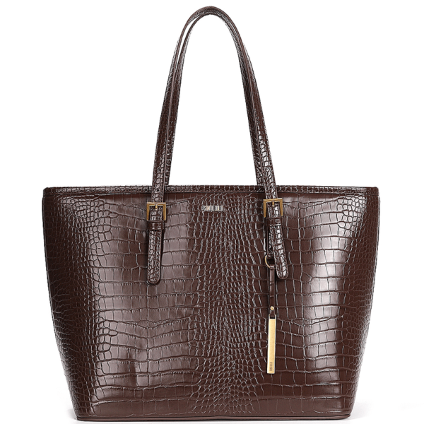 Bolsa Shopper Universitária Grande Texturizada Croco Marrom Com Detalhes Dourados