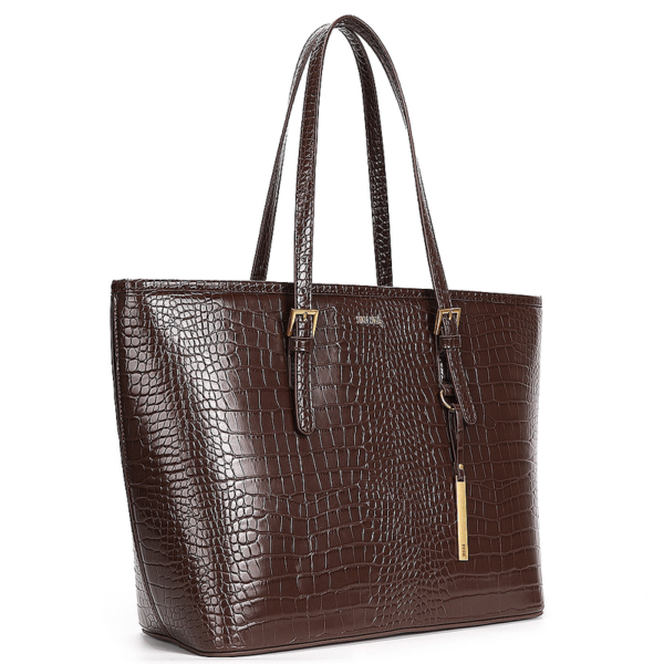 Bolsa Shopper Universitária Grande Texturizada Croco Marrom Com Detalhes Dourados - Image 2