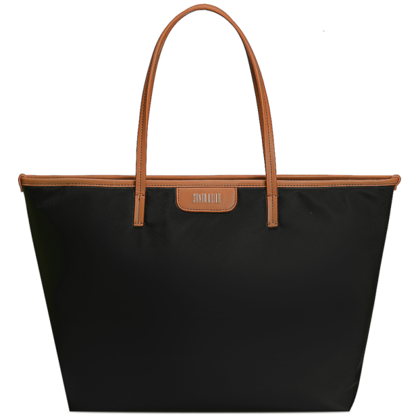 Bolsa Shopper Universitária Grande De Nylon Preta Com Alça Marrom