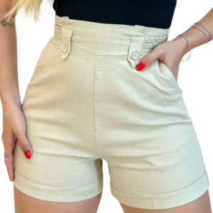 Short Feminino de Sarja Casual Com Detalhes na Lateral Trançado